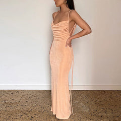 Tie Shoulder Cowl Neck Ruched Trim Sheer Maxi Dresses - Apricot