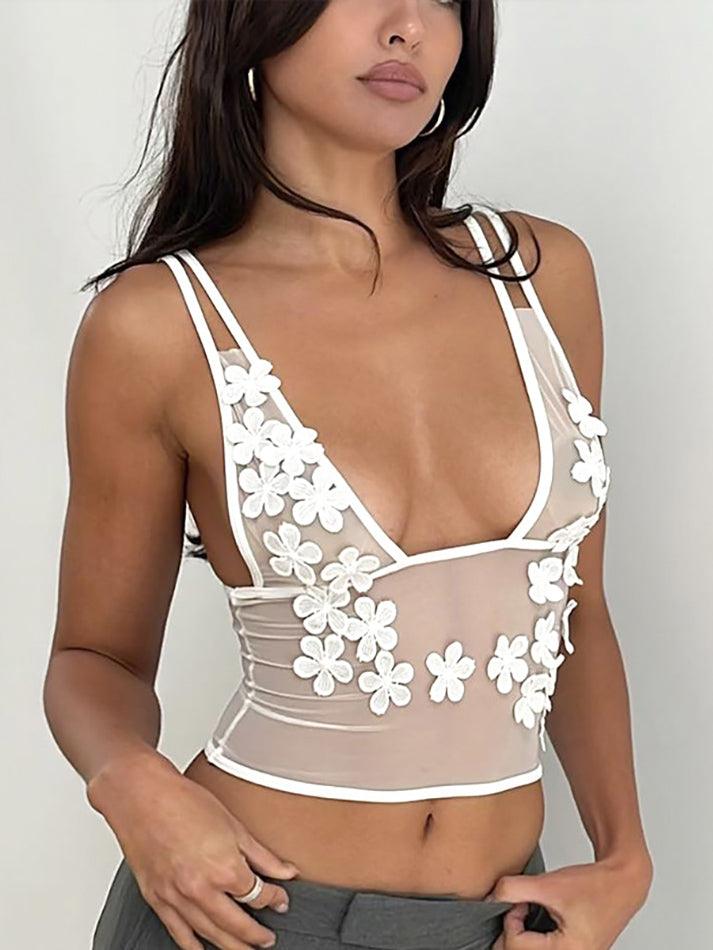Sheer Mesh Floral Crop Cami Top
