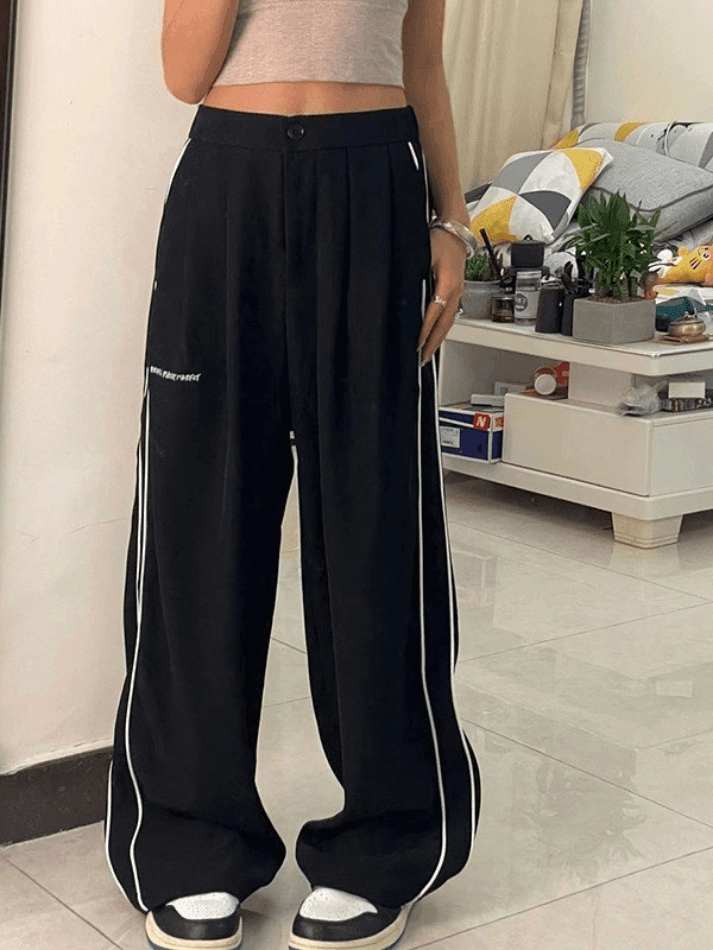 Side Piping Pleated Wide Leg Pants