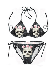 Skull Rose Printed Halter Triangle Bikini Set