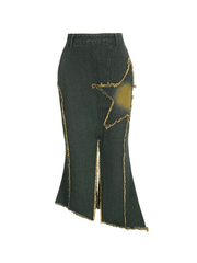 Slit Vintage Star Embroidered Denim Maxi Skirt