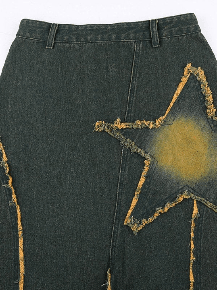 Slit Vintage Star Embroidered Denim Maxi Skirt