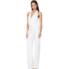 Sparkly Sequin Halter Cowl Neck Wide Leg Jumpsuit - White