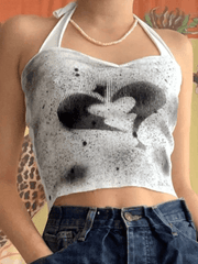 Splash Heart Halter Ribbed Cropped Tank Top