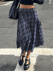 Split Checkered Pleated Midi Skirt