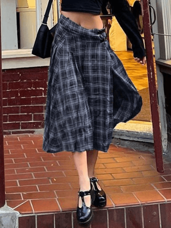 Split Checkered Pleated Midi Skirt