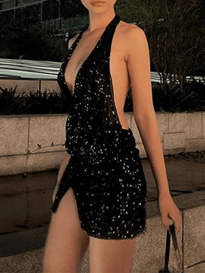 Split Sequin Halter Party Mini Dresses