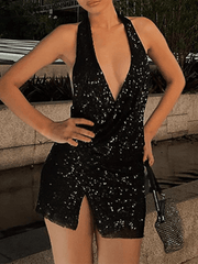 Split Sequin Halter Party Mini Dresses