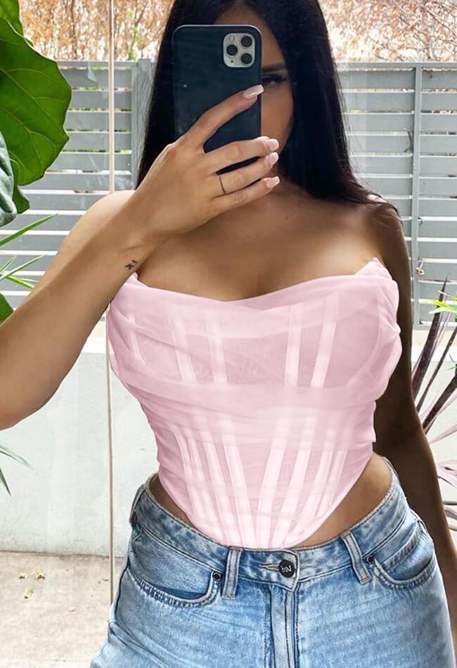 Strapless Boned Mesh Bustier Corset Crop Top