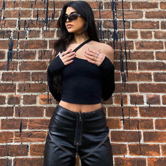 Street Style Strap Long Sleeve Crop T-Shirt - Black