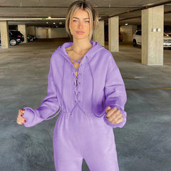 Street Style Lace Up Hooded Long Sleeve Jumpsuit - Purple