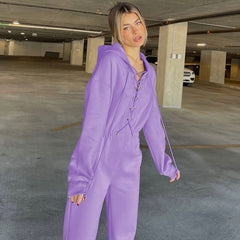 Street Style Lace Up Hooded Long Sleeve Jumpsuit - Purple