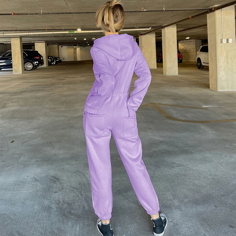 Street Style Lace Up Hooded Long Sleeve Jumpsuit - Purple