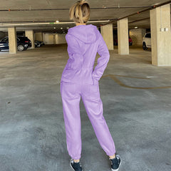 Street Style Lace Up Hooded Long Sleeve Jumpsuit - Purple