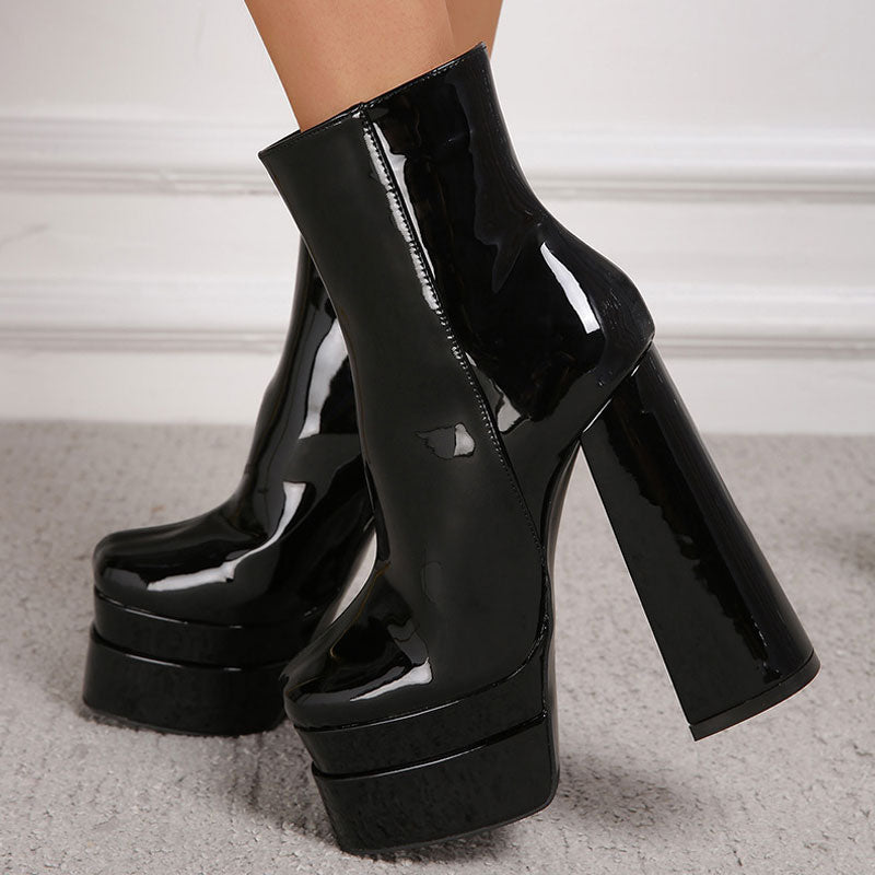 Striking Patent Chunky High Heel Platform Ankle Boots - Black