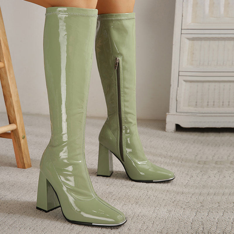 Striking Square Toe Patent Block Heel Knee High Boots - Olive Green