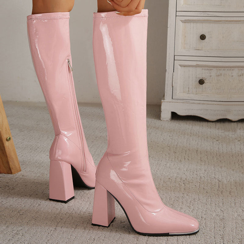 Striking Square Toe Patent Block Heel Knee High Boots - Pink