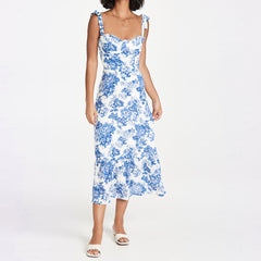 Summery Ruffle Trim Floral Printed Tie Strap Midi SunDresses - Blue