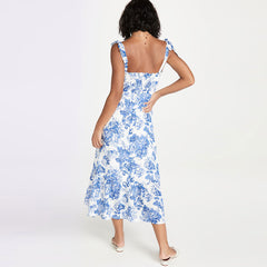 Summery Ruffle Trim Floral Printed Tie Strap Midi SunDresses - Blue