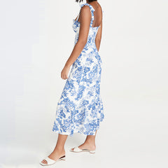 Summery Ruffle Trim Floral Printed Tie Strap Midi SunDresses - Blue