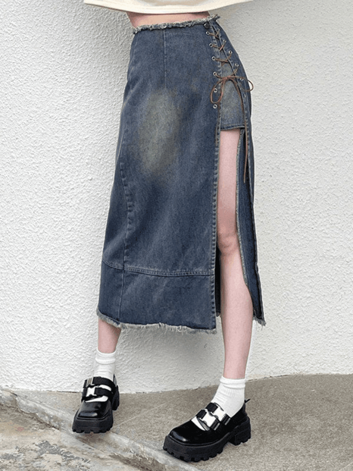 Tie Front Split Distressed Denim Skirt