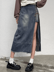 Tie Front Split Distressed Denim Skirt