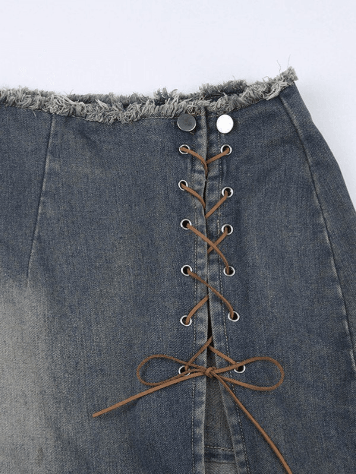 Tie Front Split Distressed Denim Skirt