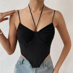 Halter Bustier Curved Sleeveless Mesh Crop Corset Top - Black