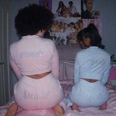 Rhinestone Velvet Crop Hoodie Pant Matching Set - Pink