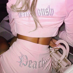 Rhinestone Velvet Crop Hoodie Pant Matching Set - Pink