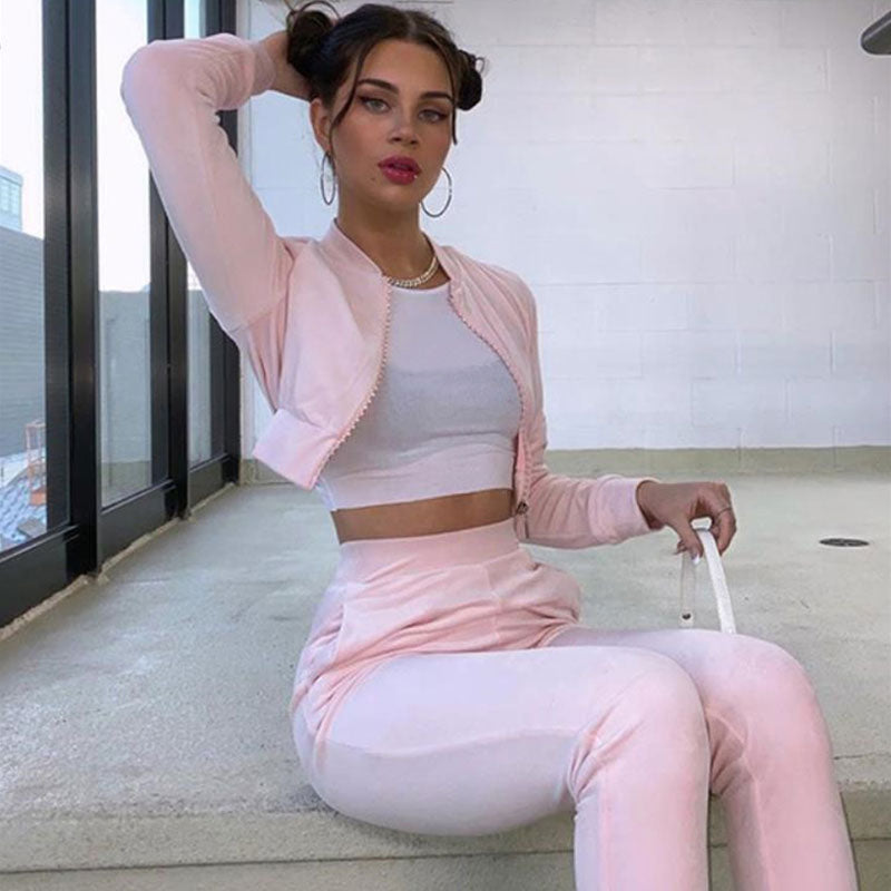 Rhinestone Velvet Crop Hoodie Pant Matching Set - Pink