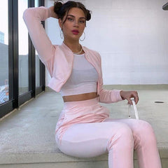 Rhinestone Velvet Crop Hoodie Pant Matching Set - Pink