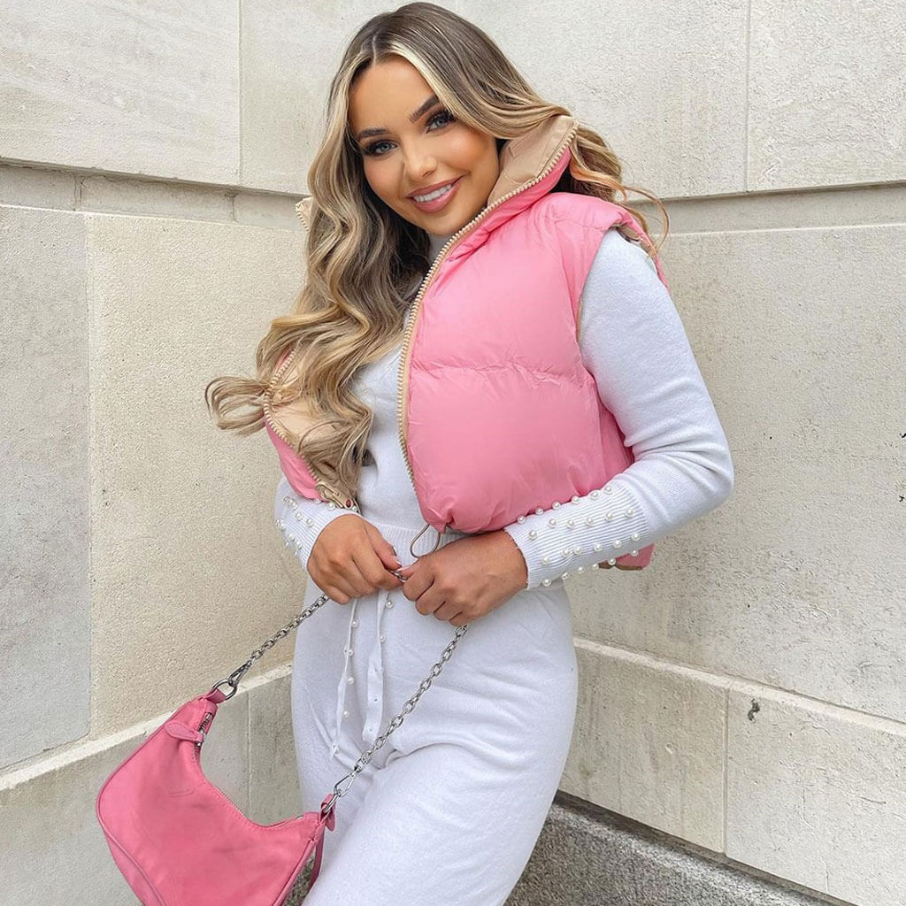 Two-Way High Neck Edge Cropped Quilted Vest - Pink