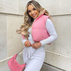 Two-Way High Neck Edge Cropped Quilted Vest - Pink