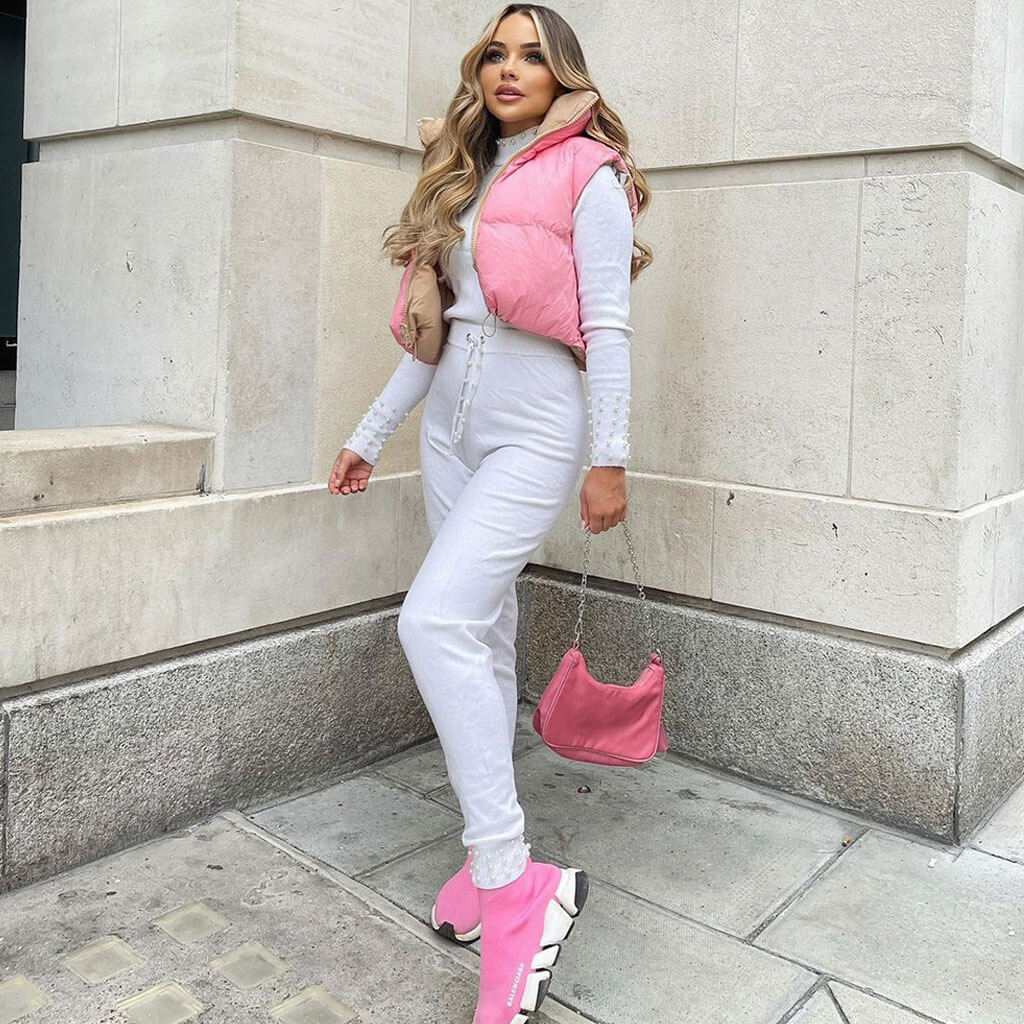 Two-Way High Neck Edge Cropped Quilted Vest - Pink