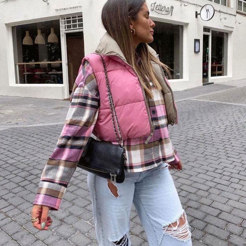 Two-Way High Neck Edge Cropped Quilted Vest - Pink