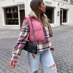 Two-Way High Neck Edge Cropped Quilted Vest - Pink