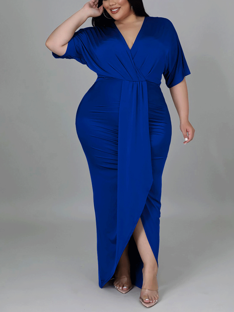 V Neck Solid Color Maxi Dresses