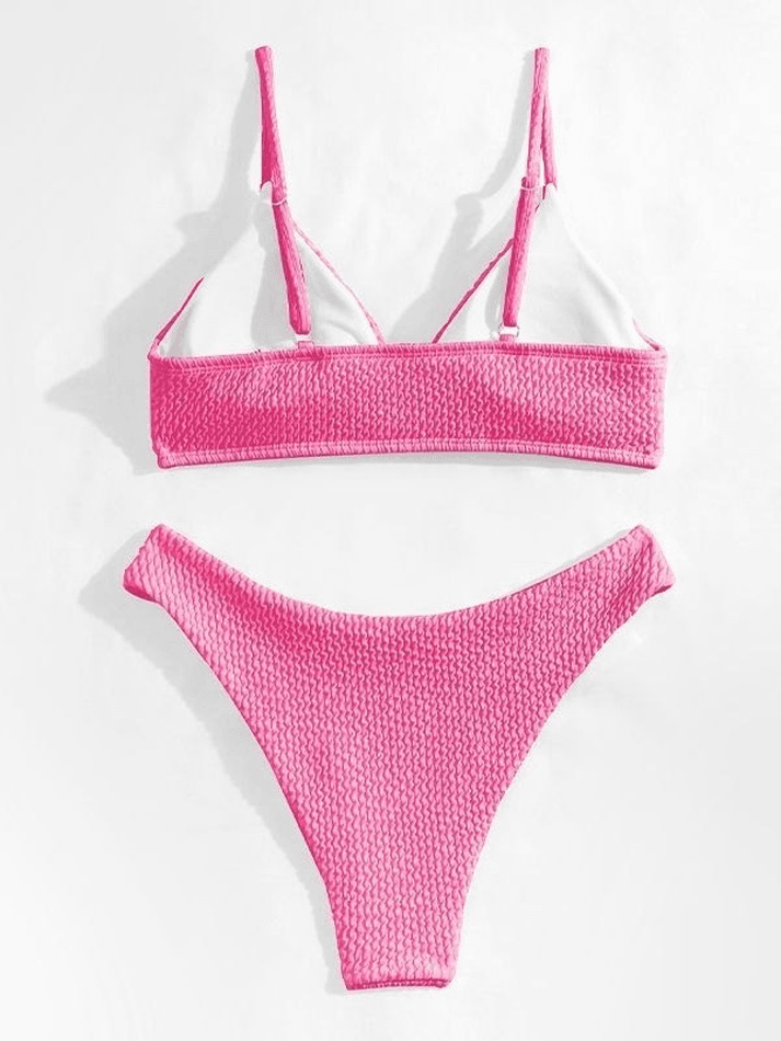 V Neck Solid Smocked Bikini Set