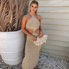 Vacation Ready Halter Neck Cut Out Side Sweater Maxi Dresses - Khaki