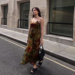 Vintage Floral Print Chiffon V Neck Slip A-line Maxi Dresses - Green