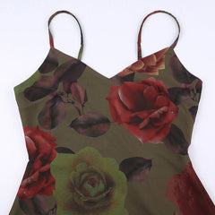 Vintage Floral Print Chiffon V Neck Slip A-line Maxi Dresses - Green