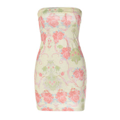 Vintage Flower Print Foldover Detail Bodycon Strapless Mini Dresses - Beige