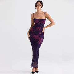 Vintage Flower Print Mesh Panel Lace Up Back Slip Maxi Dresses - Black
