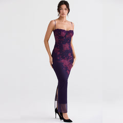 Vintage Flower Print Mesh Panel Lace Up Back Slip Maxi Dresses - Black