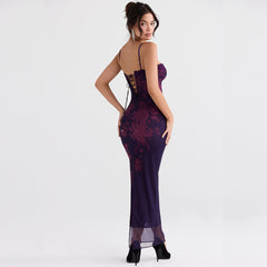 Vintage Flower Print Mesh Panel Lace Up Back Slip Maxi Dresses - Black