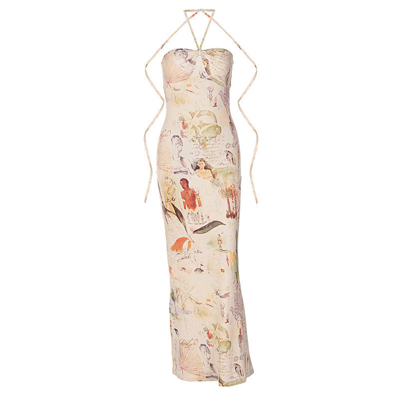 Vintage Print Halter Neck Fishtail Trim Sleeveless Maxi Dresses - Apricot
