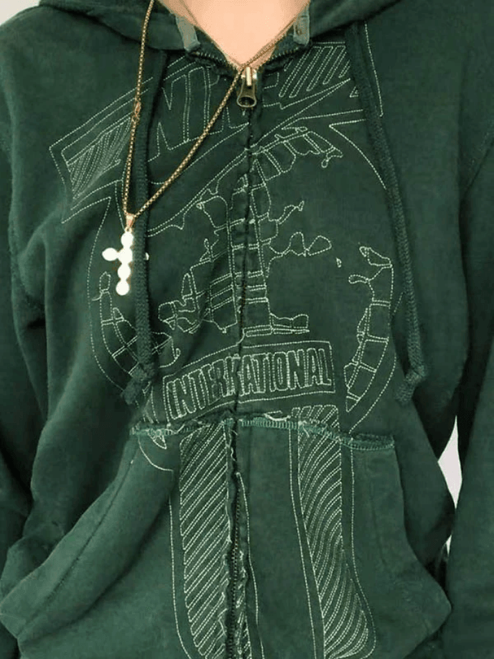 Grüner Kapuzenpullover mit Reißverschluss im Vintage-Waschungsdesign