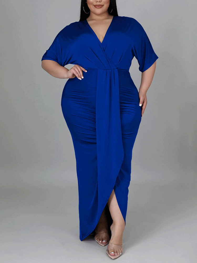 V Neck Solid Color Maxi Dresses
